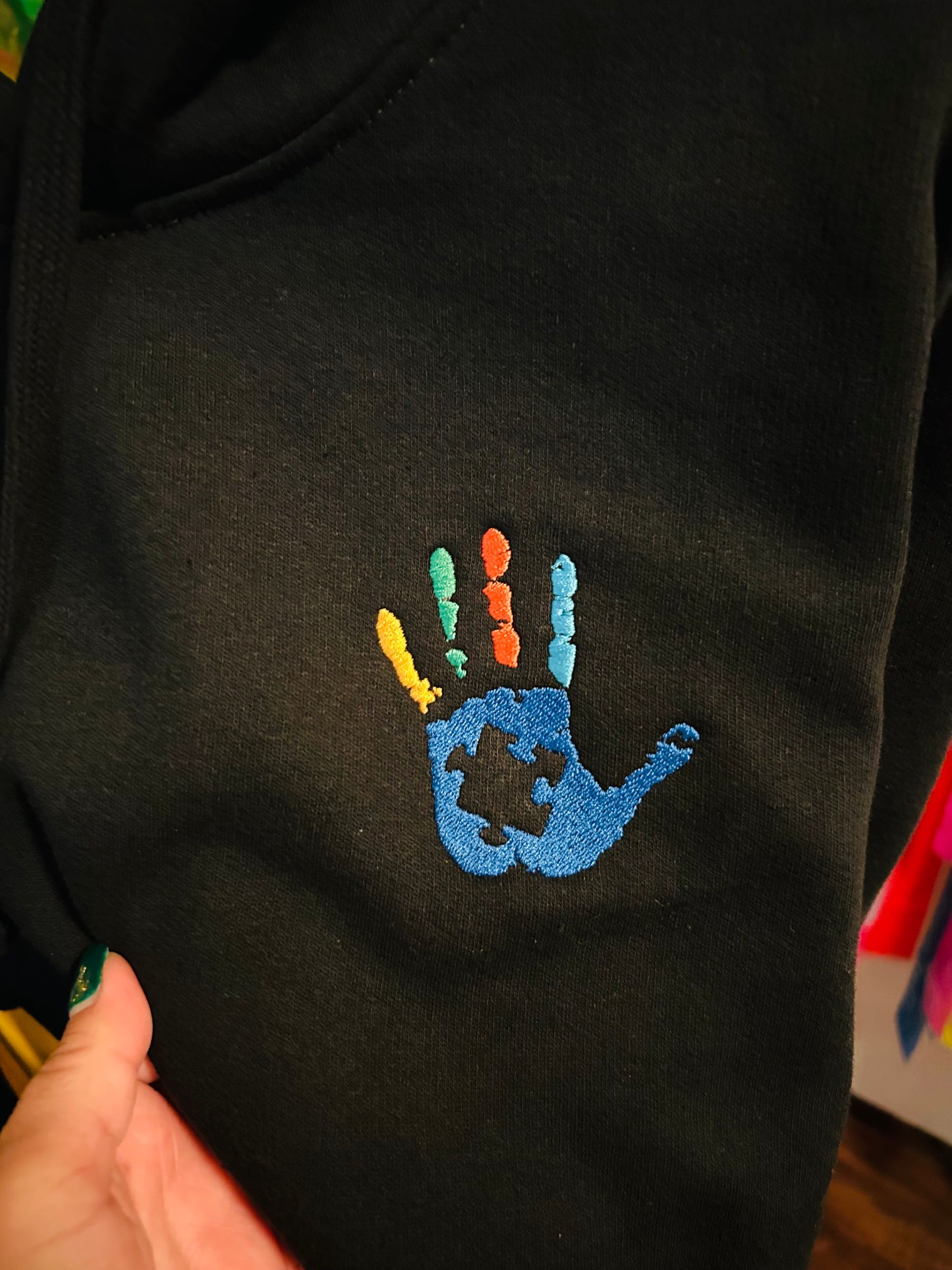 Autism Awareness Embroidered Hoodie for Adults (Black, Blue Hand)