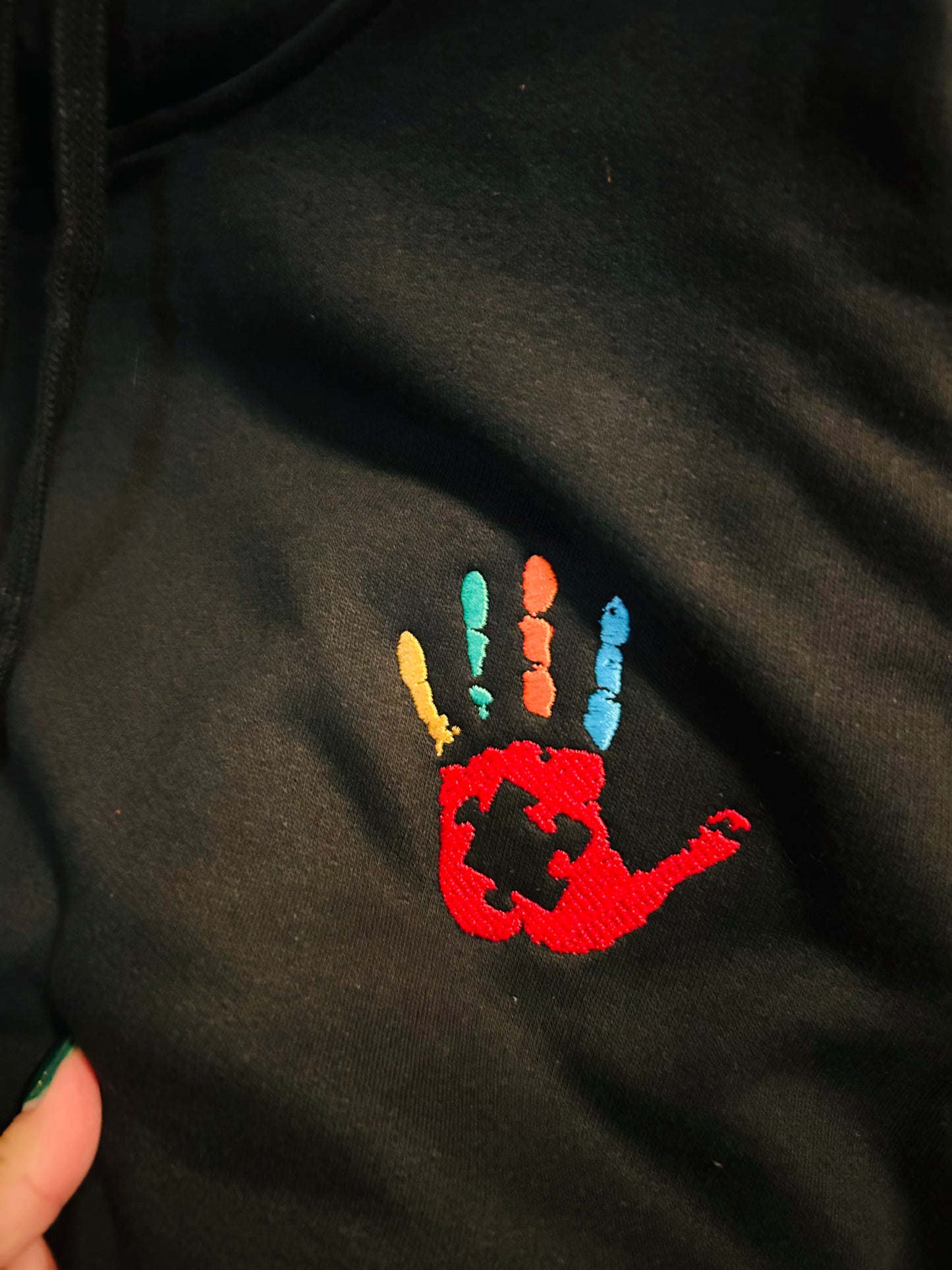 Autism Awareness Embroidered for Adult (Black, Red Hand)